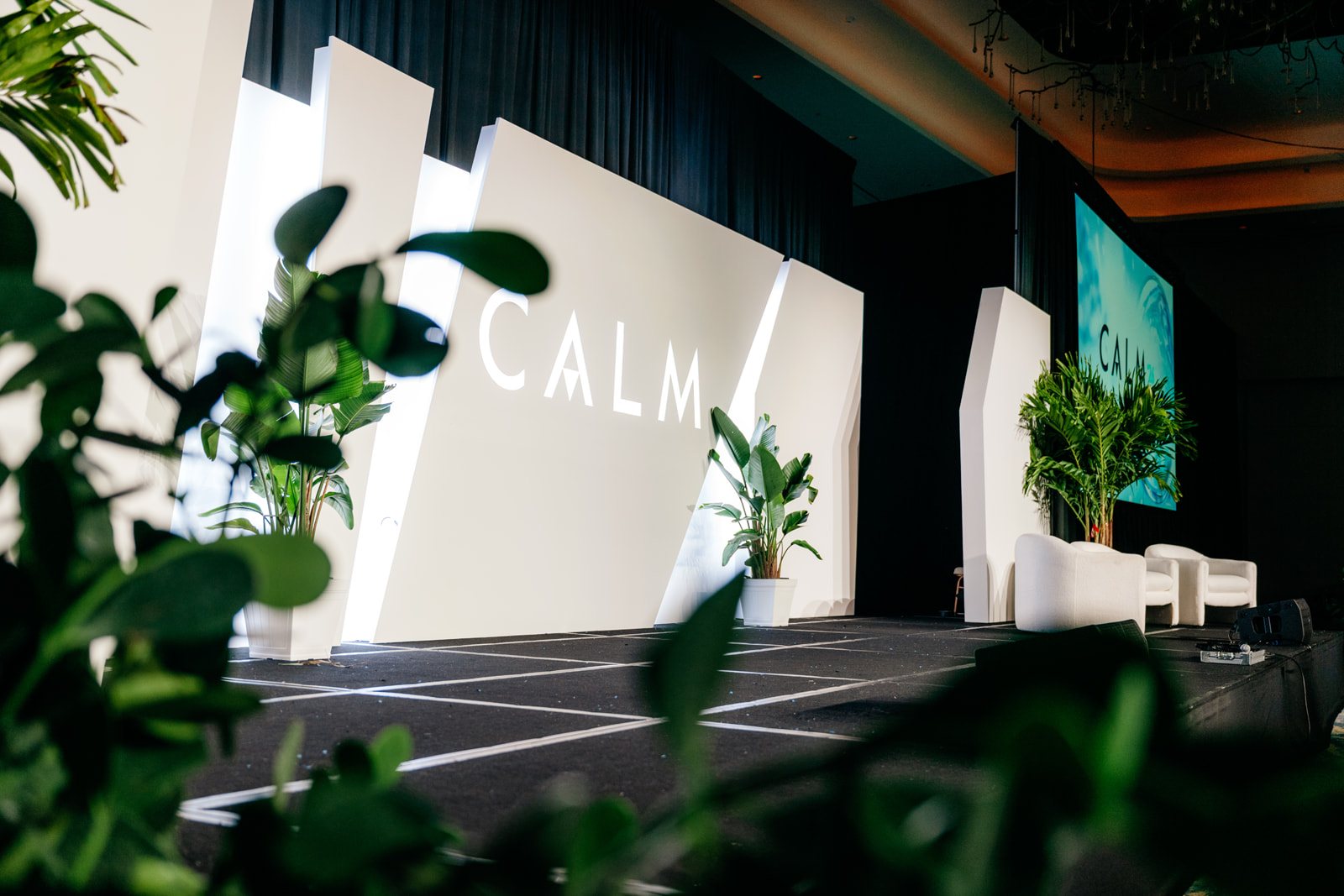 The white angular stage set with the CALM mark, palms and white lounge chairs, seen low through foreground leaves