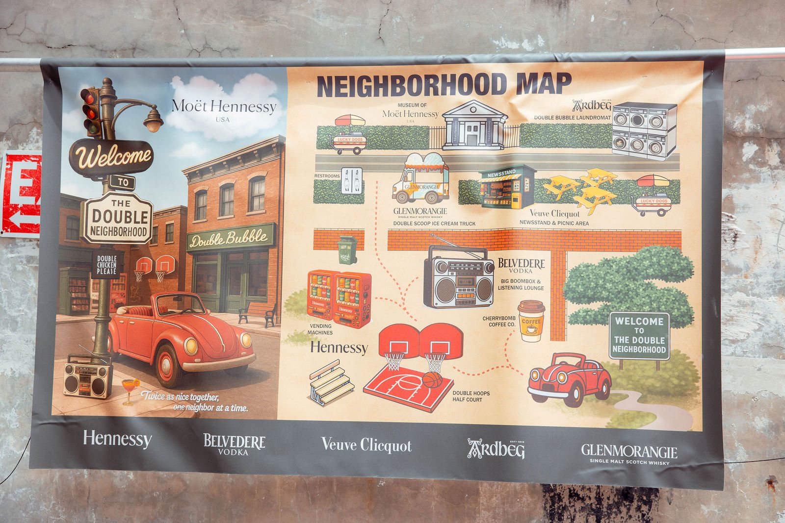 The printed Neighborhood Map for The Double Neighborhood, an illustrated map of the event with the welcome sign, the red car, the boombox and the hoops