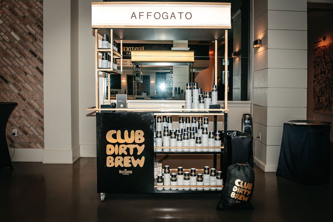 The cart in its AFFOGATO dressing: lightbox reading AFFOGATO, bottles and cups racked